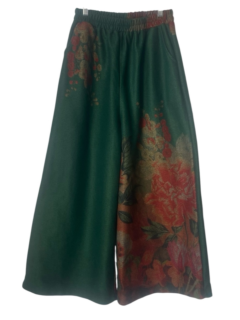 Floral Cropped/Culottes Wide Leg Pants – Brushed Wool-Like Texture – Size S/M